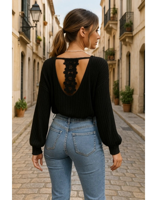 Kadın Uzun Kollu V Yakalı Pencere Sırt Dantel Detaylı Kalın Fitilli Kaşkorse Bluz