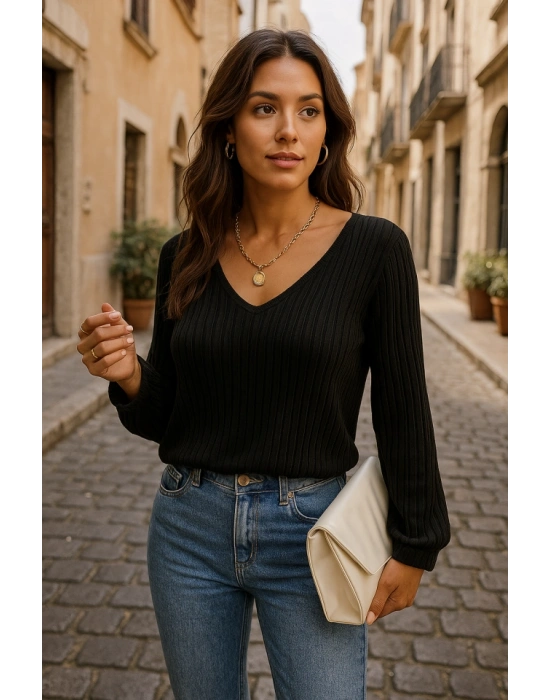 Kadın Uzun Kollu V Yakalı Pencere Sırt Dantel Detaylı Kalın Fitilli Kaşkorse Bluz