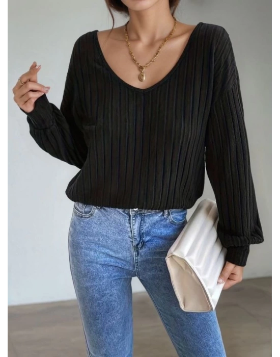 Kadın Uzun Kollu V Yakalı Pencere Sırt Dantel Detaylı Kalın Fitilli Kaşkorse Bluz