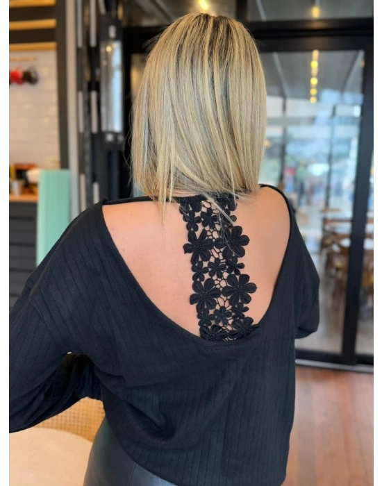 Kadın Uzun Kollu V Yakalı Pencere Sırt Dantel Detaylı Kalın Fitilli Kaşkorse Bluz