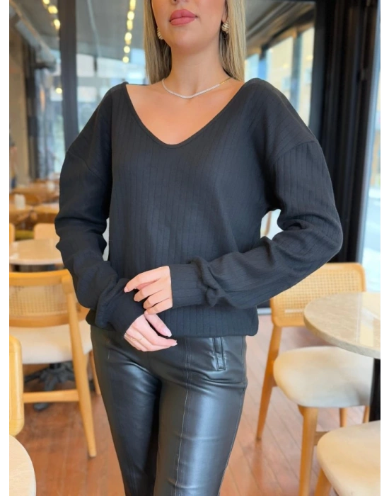 Kadın Uzun Kollu V Yakalı Pencere Sırt Dantel Detaylı Kalın Fitilli Kaşkorse Bluz