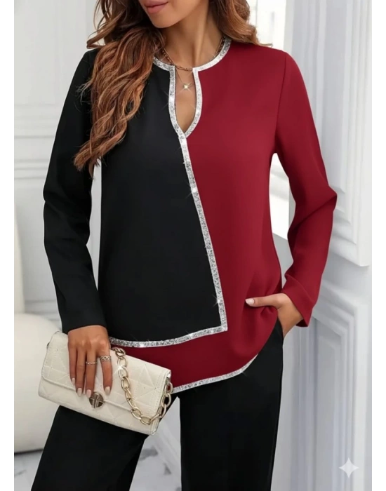 Kadın Uzun Kollu V Yakalı Pul Payet Işlemeli Ithal Krep Bluz