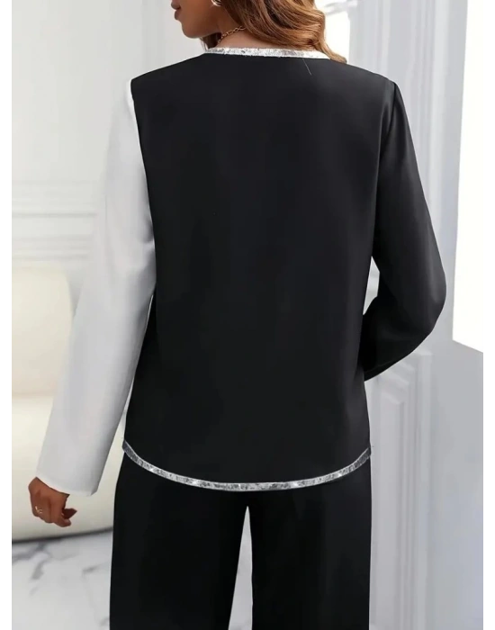 Kadın Uzun Kollu V Yakalı Pul Payet Işlemeli Ithal Krep Bluz