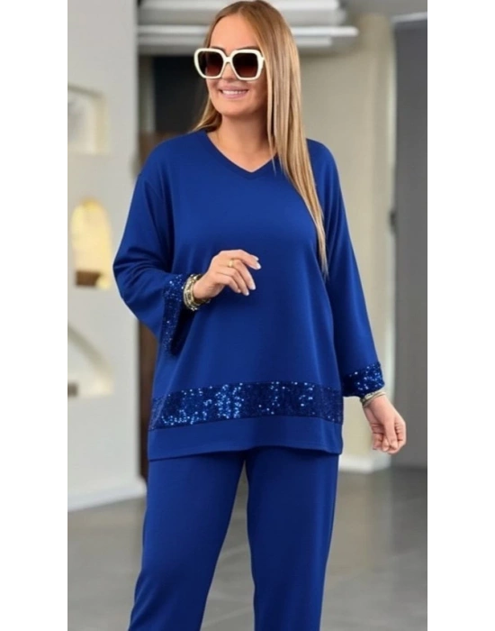 Kadın Uzun Kollu V Yakalı Pulpayet Viskon Iki Iplik Bluz Ve Pantolon Takım