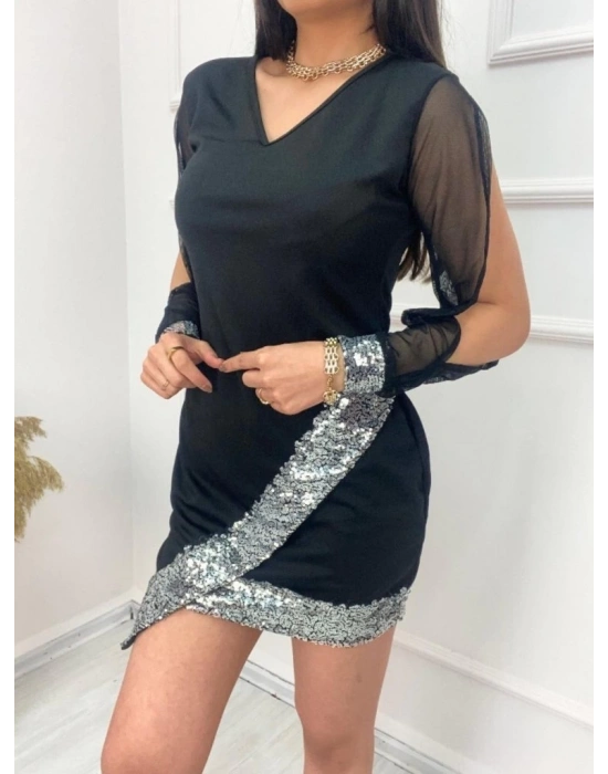 Kadın Uzun Kollu V Yakalı Pulpayetli Ithal Krep Mini Elbise