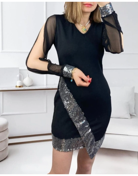 Kadın Uzun Kollu V Yakalı Pulpayetli Ithal Krep Mini Elbise