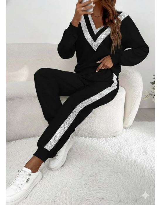 Kadın Uzun Kollu V Yakalı Pulpayetli Viskon Iki Iplik Bluz Ve Pantolon