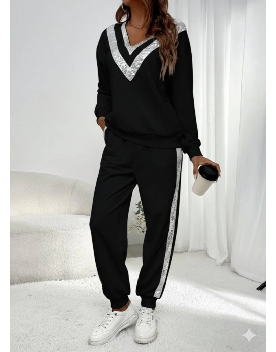 Kadın Uzun Kollu V Yakalı Pulpayetli Viskon Iki Iplik Bluz Ve Pantolon