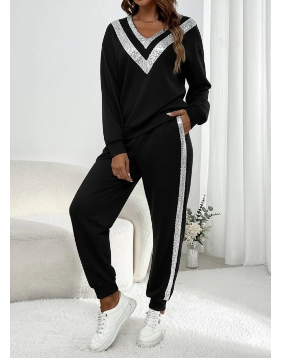 Kadın Uzun Kollu V Yakalı Pulpayetli Viskon Iki Iplik Bluz Ve Pantolon