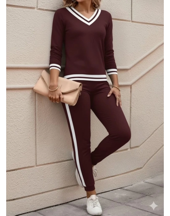 Kadın Uzun Kollu V Yakalı Ribanalı Viskon Iki Iplik Bluz Ve Pantolon Ikili Takım