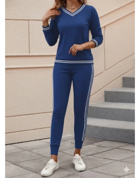 Kadın Uzun Kollu V Yakalı Ribanalı Viskon Iki Iplik Bluz Ve Pantolon Ikili Takım