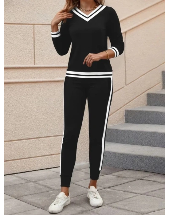 Kadın Uzun Kollu V Yakalı Ribanalı Viskon Iki Iplik Bluz Ve Pantolon Ikili Takım