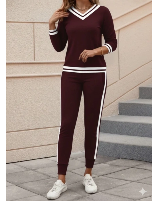 Kadın Uzun Kollu V Yakalı Ribanalı Viskon Iki Iplik Bluz Ve Pantolon Ikili Takım