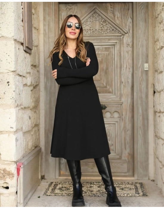 Kadın Uzun Kollu V Yakalı Salaş Midi Iki Iplik Elbise