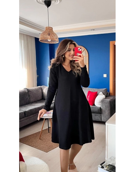 Kadın Uzun Kollu V Yakalı Salaş Midi Iki Iplik Elbise