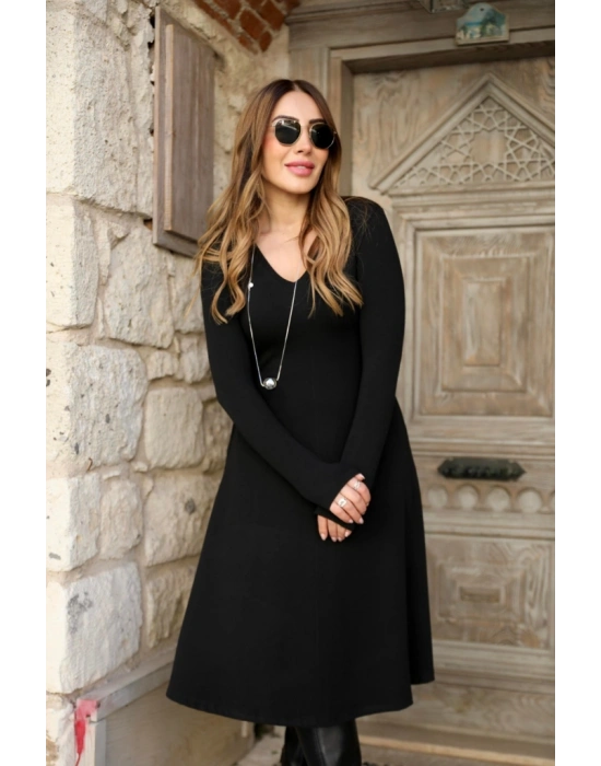 Kadın Uzun Kollu V Yakalı Salaş Midi Iki Iplik Elbise