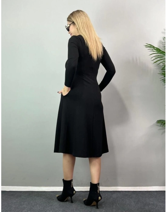 Kadın Uzun Kollu V Yakalı Salaş Midi Iki Iplik Elbise