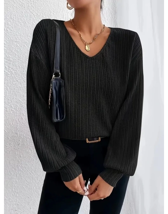 Kadın Uzun Kollu V Yakalı Salaş şardonlu Kaşkorse Bluz