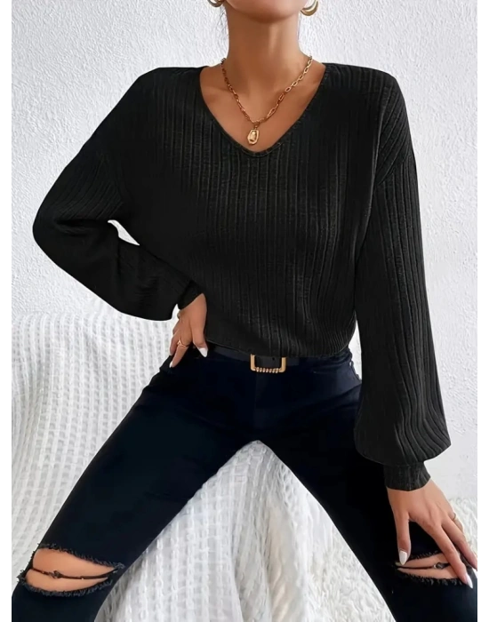 Kadın Uzun Kollu V Yakalı Salaş şardonlu Kaşkorse Bluz