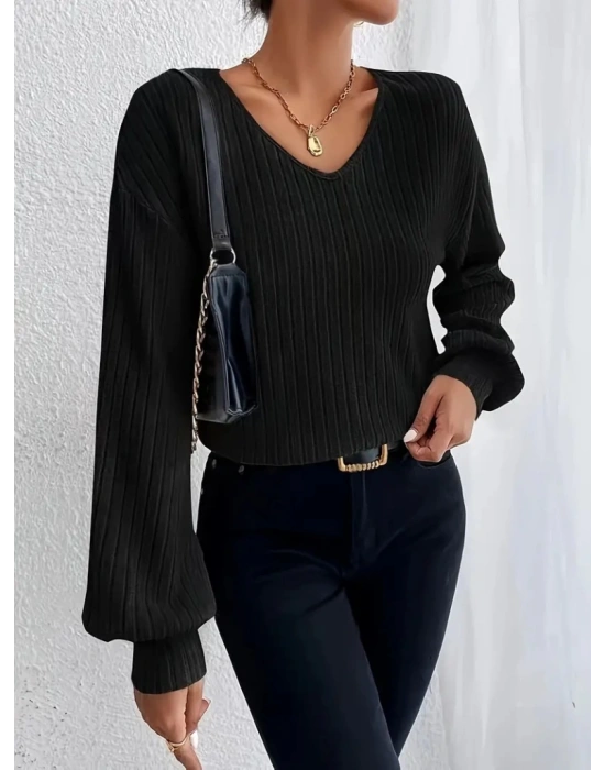 Kadın Uzun Kollu V Yakalı Salaş şardonlu Kaşkorse Bluz