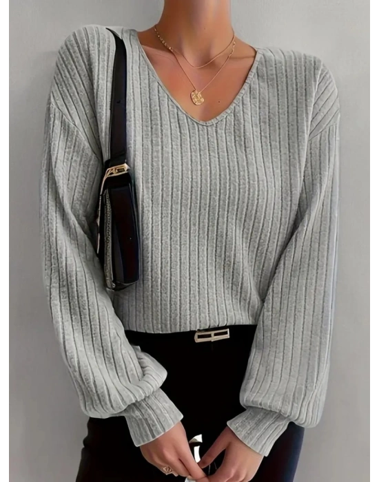 Kadın Uzun Kollu V Yakalı Salaş şardonlu Kaşkorse Bluz