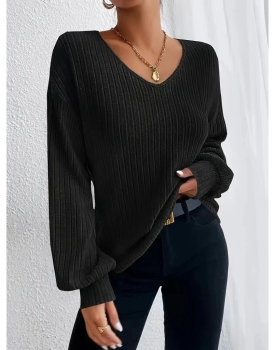 Kadın Uzun Kollu V Yakalı Salaş şardonlu Kaşkorse Bluz