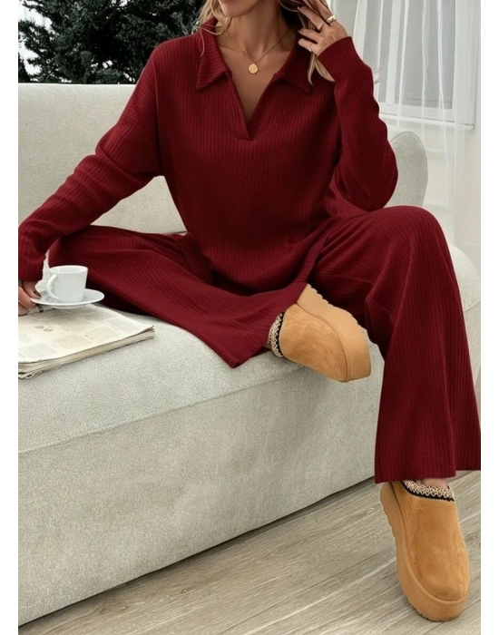 Kadın Uzun Kollu V Yakalı şardonlu Kaşkorse Bluz Ve Pantolon Ikili Takım