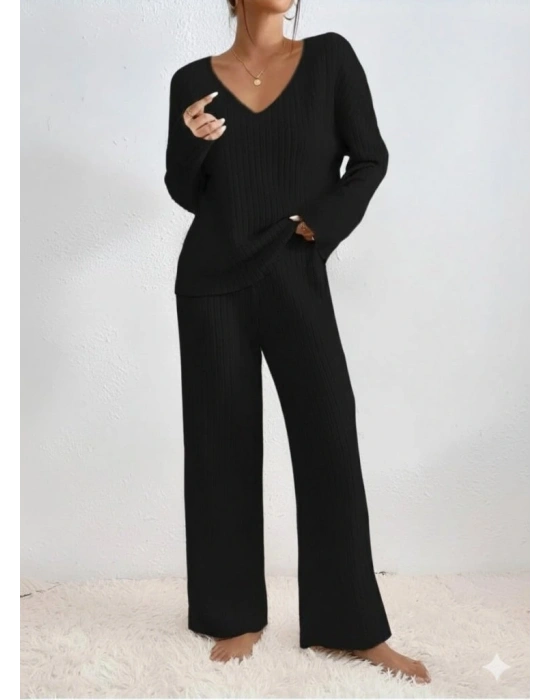 Kadın Uzun Kollu V Yakalı şardonlu Kaşkorse Bluz Ve Pantolon Ikili Takım