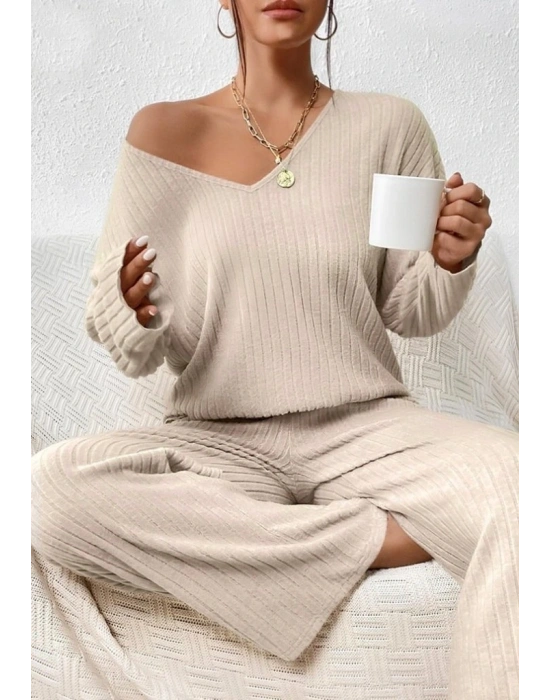 Kadın Uzun Kollu V Yakalı şardonlu Kaşkorse Bluz Ve Pantolon Ikili Takım