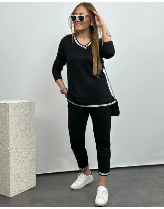 Kadın Uzun Kollu V Yakalı şerit Detay Alt Ve üst Viskon Iki Iplik Detay Ikili Takım