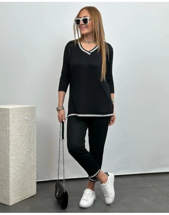 Kadın Uzun Kollu V Yakalı şerit Detay Alt Ve üst Viskon Iki Iplik Detay Ikili Takım