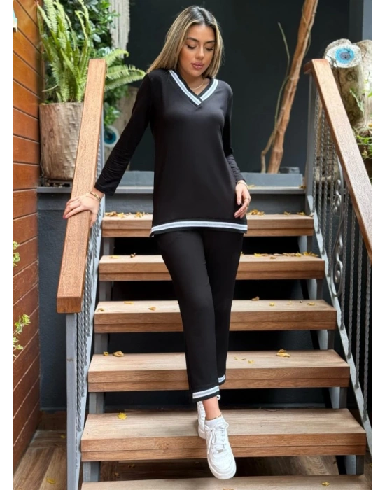 Kadın Uzun Kollu V Yakalı şerit Detay Alt Ve üst Viskon Iki Iplik Detay Ikili Takım