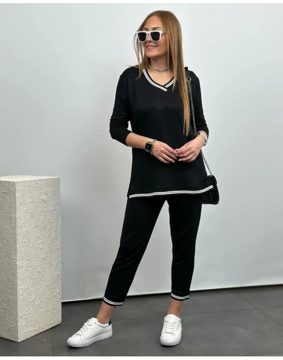 Kadın Uzun Kollu V Yakalı şerit Detay Alt Ve üst Viskon Iki Iplik Detay Ikili Takım