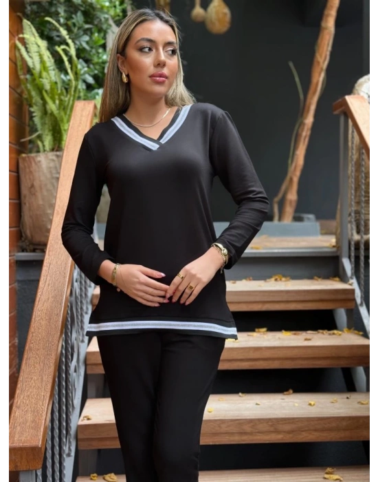 Kadın Uzun Kollu V Yakalı şerit Detay Alt Ve üst Viskon Iki Iplik Detay Ikili Takım