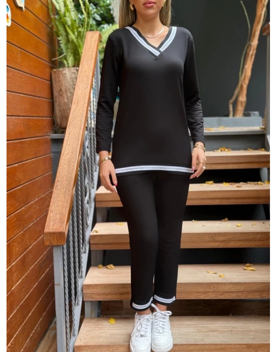 Kadın Uzun Kollu V Yakalı şerit Detay Alt Ve üst Viskon Iki Iplik Detay Ikili Takım