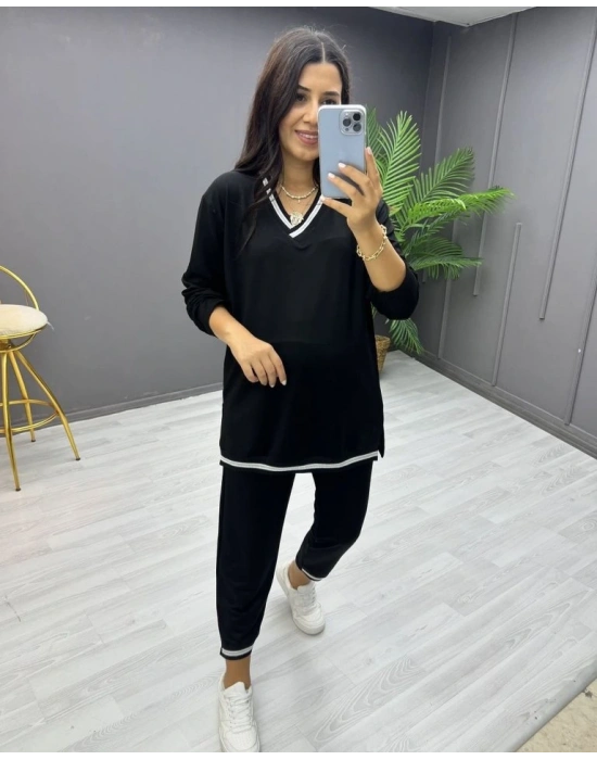 Kadın Uzun Kollu V Yakalı şerit Detay Alt Ve üst Viskon Iki Iplik Detay Ikili Takım