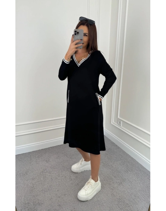 Kadın Uzun Kollu V Yakalı şerit Detaylı Cepli Midi Viskon Iki Iplik Elbise
