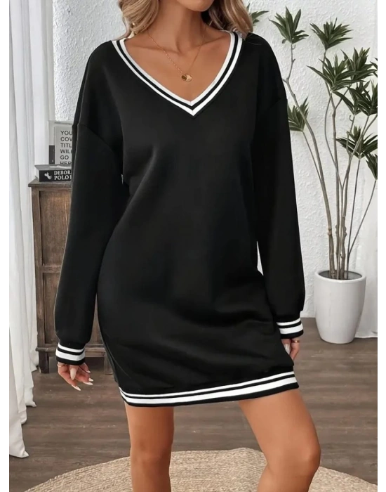 Kadın Uzun Kollu V Yakalı şerit Detaylı Kısa Viskon Iki Iplik Elbise