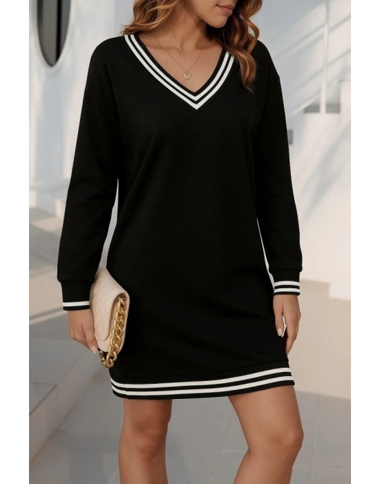 Kadın Uzun Kollu V Yakalı şerit Detaylı Kısa Viskon Iki Iplik Elbise