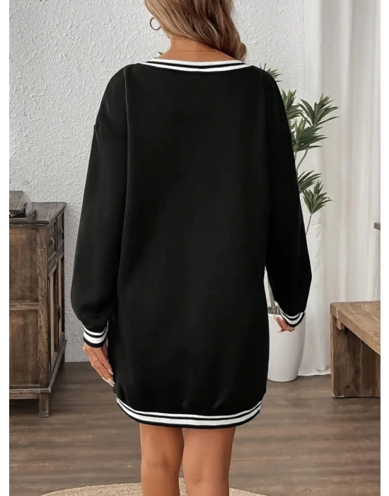 Kadın Uzun Kollu V Yakalı şerit Detaylı Kısa Viskon Iki Iplik Elbise