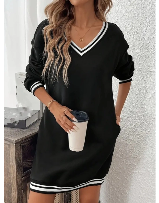 Kadın Uzun Kollu V Yakalı şerit Detaylı Kısa Viskon Iki Iplik Elbise