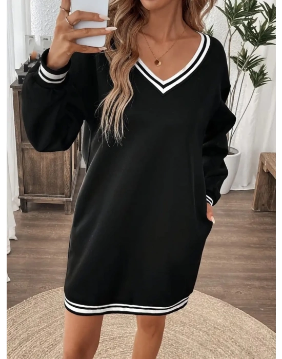 Kadın Uzun Kollu V Yakalı şerit Detaylı Kısa Viskon Iki Iplik Elbise