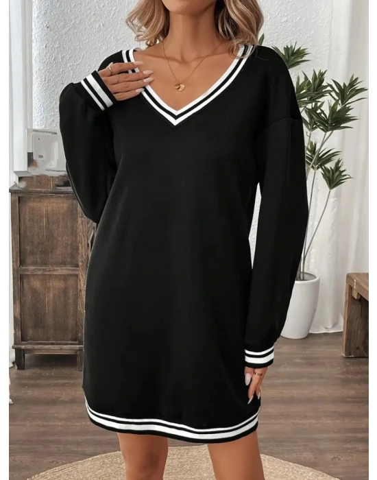 Kadın Uzun Kollu V Yakalı şerit Detaylı Kısa Viskon Iki Iplik Elbise