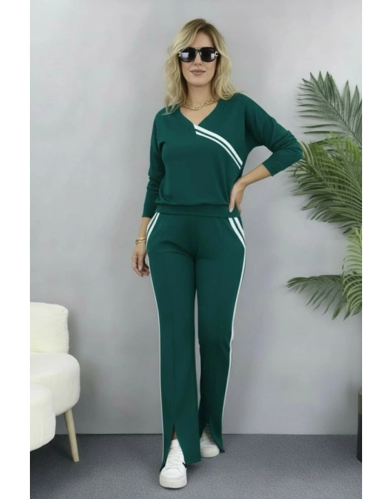 Kadın Uzun Kollu V Yakalı şerit Detaylı Viskon Iki Iplik Bluz Ve Pantolon Ikili Takım