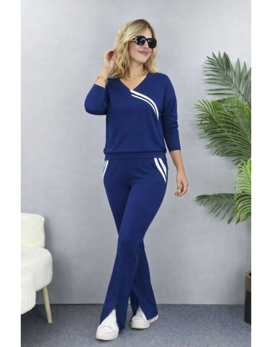 Kadın Uzun Kollu V Yakalı şerit Detaylı Viskon Iki Iplik Bluz Ve Pantolon Ikili Takım