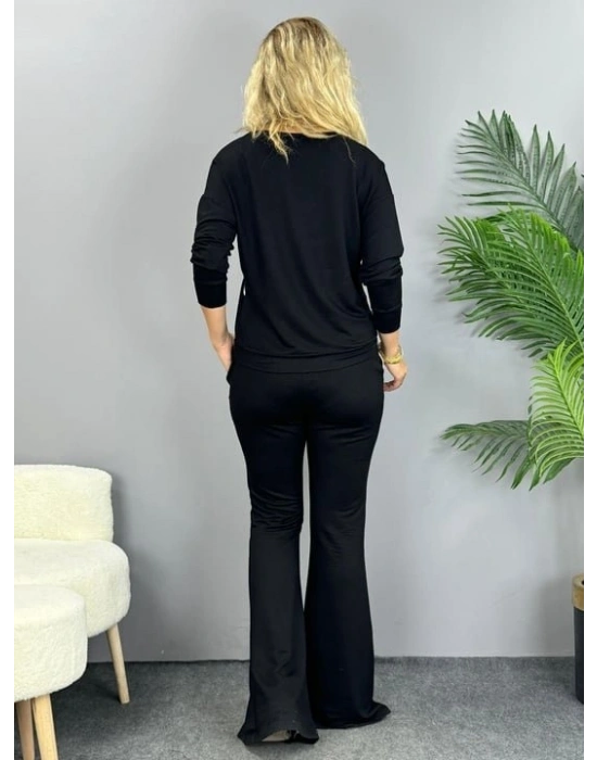 Kadın Uzun Kollu V Yakalı şerit Detaylı Viskon Iki Iplik Bluz Ve Pantolon Ikili Takım