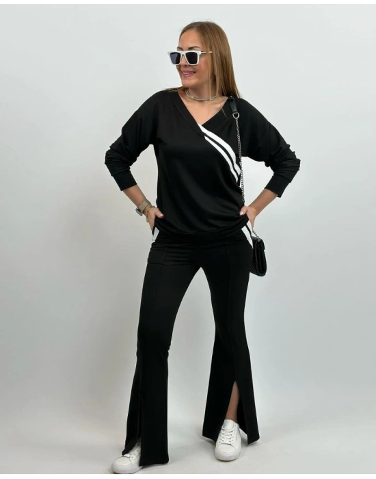 Kadın Uzun Kollu V Yakalı şerit Detaylı Viskon Iki Iplik Bluz Ve Pantolon Ikili Takım