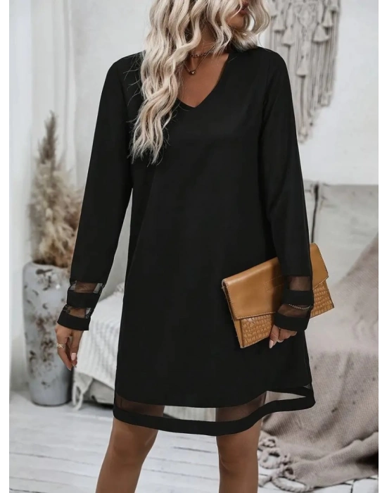 Kadın Uzun Kollu V Yakalı şeritli Tül Detaylı Ithal Krep Elbise