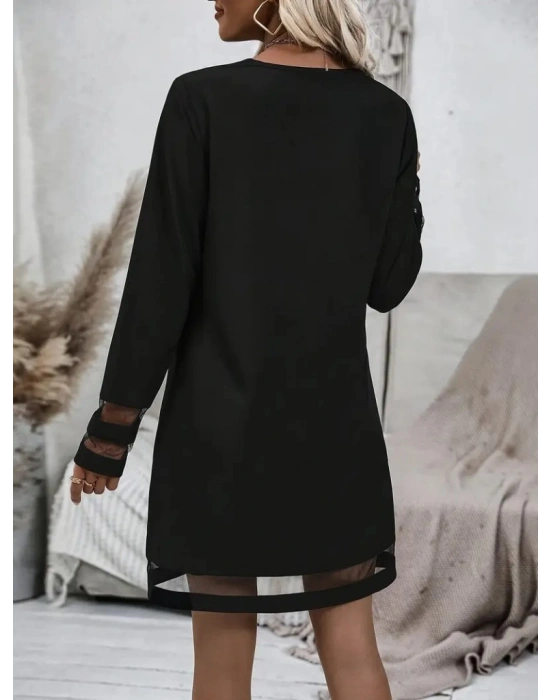 Kadın Uzun Kollu V Yakalı şeritli Tül Detaylı Ithal Krep Elbise