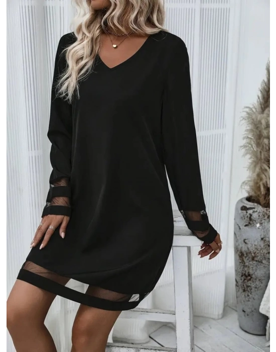 Kadın Uzun Kollu V Yakalı şeritli Tül Detaylı Ithal Krep Elbise